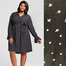 Ava & Viv Dresses | Ava & Viv Popover Shirt Dress, Size 3X Black Dot Ruffled Long Sleeve, With Belt. | Color: Black/White | Size: 3X