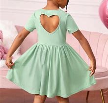Little Girls' Casual Knit Solid Color Round Neck Short Sleeve Back Hollow Out Dress For Daily Wear,4Y
