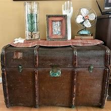 Antique Curved Chest | Canvas Steamer Trunk | Treasure Chest | Rustic Storage | Antique Steamer Chest