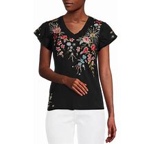 JOHNNY WAS Lissa Embroidered Floral Print Cotton Knit Jersey V-Neck Short Flutter Sleeve Tee Sh, Womens, S, Black