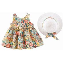 Summer Savings Clearance! Edvintorg Toddler Girl Summer Clothes Kids Dresses For Girls Floral Print Sleeveless Bow Dress With Hat Princess Dress 1-4 Years