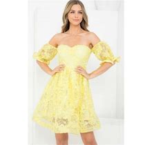 Yellow Lace Overlay Cold Shoulder Cocktail Dress Size Large Formal Summer Travel