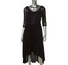 Free People Black Crinkled Crochet Trim Elbow Sleeves Casual Dress 10