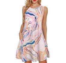 Fesfesfes Women's Mini Dress Casual Loose Round Neck Dress Sleeveless Crewneck Summer Sun Dress Floral Print Beach Dresses With Pocket