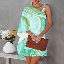 Finelylove Casual Summer Dresses Petite Formal Dresses For Women One Shoulder Printed Sleeveless Sun Dress Green