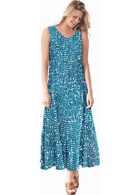 Plus Size Women's Sleeveless Crinkle A-Line Dress By Woman Within In Deep Teal Leaves (Size S)