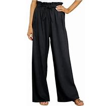 Clearance Plus Size Loose Women Casual Solid Cotton Linen Drawstring Elastic Waist Long Wide Leg Pants Black S