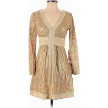 Laundry By Design Cocktail Dress - A-Line Plunge Long Sleeves: Gold Dresses - Women's Size 4