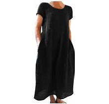 Sayhi Plus Size Midi Dress Ladies Summer Comfortable Loose Solid Color Short Sleeve Cotton Linen Long Dress