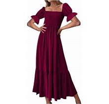 Summer Dresses For Women 2023 Square Neck High Waist Dress Bubble Short Sleeve Midi Dress Ruffled Hem Pleated Dress
