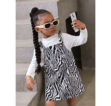 Young Girl Mock Neck Tee & Zebra Striped Overall Dress,4Y