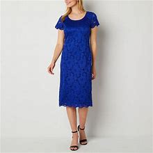 Perceptions Short Sleeve Floral Lace Sheath Dress | Blue | Petites 4 Petite | Dresses Sheath Dresses | Scalloped