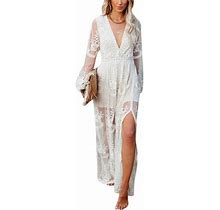 Afunbaby Women Casual Dress, Lace Floral Embroidery Deep V Neck Long Sleeve Dress Beach Party