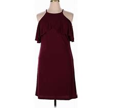 R&M Richards Casual Dress - A-Line High Neck Short Sleeves: Burgundy Print Dresses - Women's Size 14