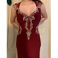 Juliet Long Burgundy Embroidered Lace Prom Dress | Color: Red/Silver | Size: Xl