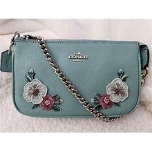 NWT Coach Large Wristlet With Floral Embroidery Aquamarine Silver F29378 $195