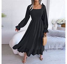 Aayomet Dresses For Women Womens Maxi Dresses Long Sleeve Floral Printed Casual V Neck Loose Party Dress Fall,Black L