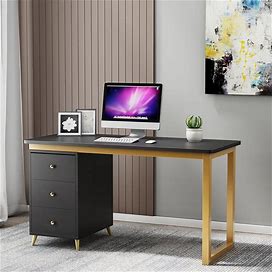 Modern 71" Black Wooden Home Office Writing Desk With Drawers & Side Cabinet Gold Frame