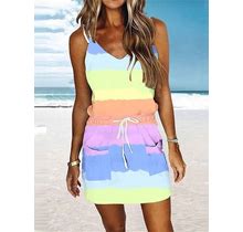 Women's Beach Dress Beach Wear Mini Dress Lace Up Pocket Fashion Modern Color Block Spaghetti Strap Sleeveless Loose Fit Daily Vacation White Yellow 2