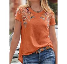 Cotton-Blend Crew Neck Casual Floral Top Orange/3XL