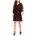 Calvin Klein Women's Black Pleated Front Semi-Sheer Sleeves Floral 3/4 Sleeve V Neck Above The Knee A-Line Dress 10P Size 10