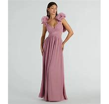 Windsor Anne Marie Lace-Up Ruffle A-Line Chiffon Formal Dress In Mauve | Size: 13