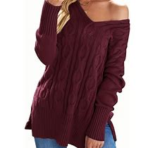 Solid Color Split V-Neck Sweater, Women's Side Split Casual Long Sleeve Sweater For Fall Women's Clothing Cable Knit,Burgundy,Reliable,By Temu
