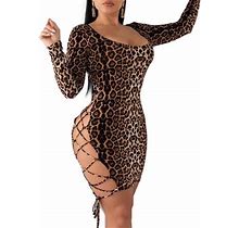 Zqc Women Slim Leopard Print Dress Long Sleeve Bandage Hollow Open Back Dress