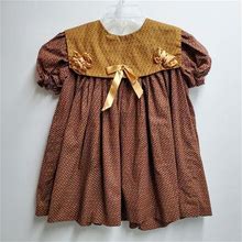 Vintage Girls Brown Floral Dress With Mustard Gold Trim - Size 2T- Gently Worn- Handmade- Thanksgiving Dress