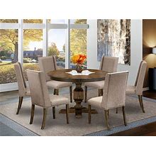 East West Furniture F3FL7-716 Ferris 7 Piece Set Consist Of A Round Dining Room Table With Pedestal And 6 Dark Khaki Linen Fabric Upholstered Parson