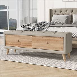 Upholstered Wooden Storage Ottoman Bench With 2 Drawers For Bedroom - Beige