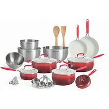 The Pioneer Woman 25 Piece Ceramic Nonstick Aluminum Easy Clean Cookware Set, Ombre Red