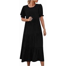 Tagold Summer Dresses For Women 2022, Women's Summer Casual Boho Dress Floral Print Ruffle Puff Sleeve Solid High Waist Midi Beach Dresses Black L
