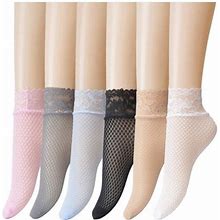 Jormatt 6 Pairs Women Lace Fishnet Socks Nylon Sheer Ankle Dress Socks Low Cut Pink Beige Thin Novelty Cute Comfort Cuff Socks For Flats,Size 4-8
