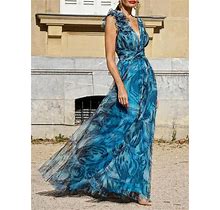 Women Floral V Neck Sleeveless Comfy Boho Maxi Dress Blue/S