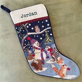 Lands' End Personalized Needlepoint Christmas Stocking With Snowman - Jordan - Home | Color: Blue