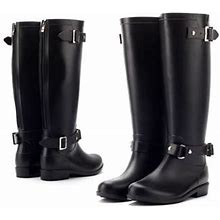 Aswmxr Womens Chunky Low Heel Knee High Rain Boots Waterproof Zipper Metal Buckle Booties Womens Outdoor Footwear