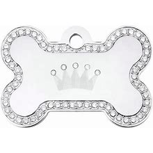 Pave Crown Bone Personalized Engraved Pet ID Tag, Large, Silver