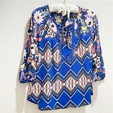 Olive Hill Womens Blue Floral Ikat Print 3/4 Sleeve Tunic Top Tie