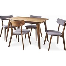 Christopher Knight Home Megann Mid-Century Wood Dining Set With Fabric Chairs, 5-Pcs Set, Natural Walnut / Dark Grey
