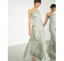 ASOS DESIGN Bridesmaid Satin Square Neck Maxi Dress With Tie Back In Sage Green - Green (Size: 12)