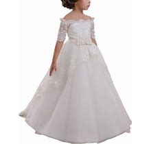 Elegant Flower Girl Lace Beading First Communion Dress 2-12 Years Old