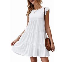 KIRUNDO Women's Summer Dresses Sleeveless Ruffle Sleeve Round Neck Solid Loose Short Flowy Pleated Mini Babydoll Dress