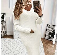 Solid Color V-Neck Dress, Women's Ribbed Casual V Neck Women's Clothing Long Sleeve Dress,White,Must-Have,Temu