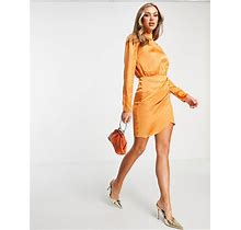 Trendyol Wrap Long Sleeve Mini Dress In Orange - Orange (Size: 36)