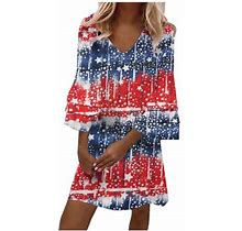 Safuny Women's Mini Loose Dress Clearance Stripe Star Print Autumn Dress 3/4 Sleeves Winter V Neck July 4th Independence Day Fashion Vacation Blue M