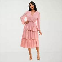 Premier Amour Pleated Long Sleeve Midi Fit + Flare Dress | Pink | Womens 14 | Dresses Fit + Flare Dresses