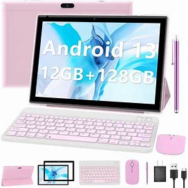 Android 13 Tablet 10 Inch, 2024 Newest 12GB RAM+128GB ROM/1TB Expandable Tablets PC, 2 in 1 Tablets With Keyboard, Quad-Core 2.0Ghz CPU HD Screen,