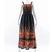Black Orange Floral Exotic Smocked Maxi Dress Handmade One Size Plus