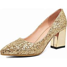 Women's Sparkling Glitter Chunky Heel Closed Toe Pumps Comfortable Mid